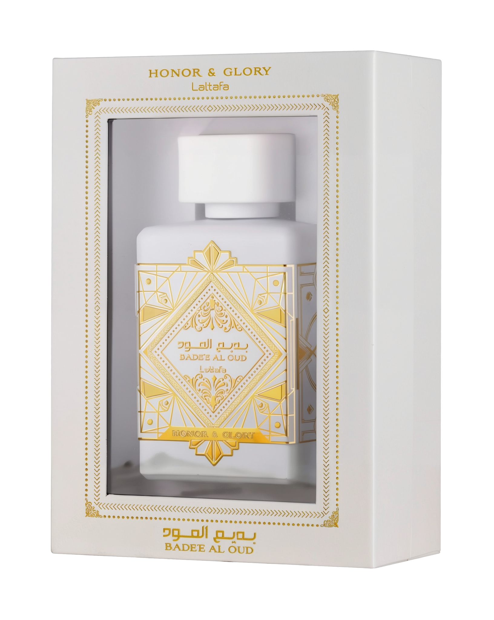 This image displays a perfume package with a white rectangular box that has a window showing the bottle inside. The box is labeled "HONOR & GLORY Lattafa" at the top, with intricate gold geometric and floral designs around the window and on the lower part