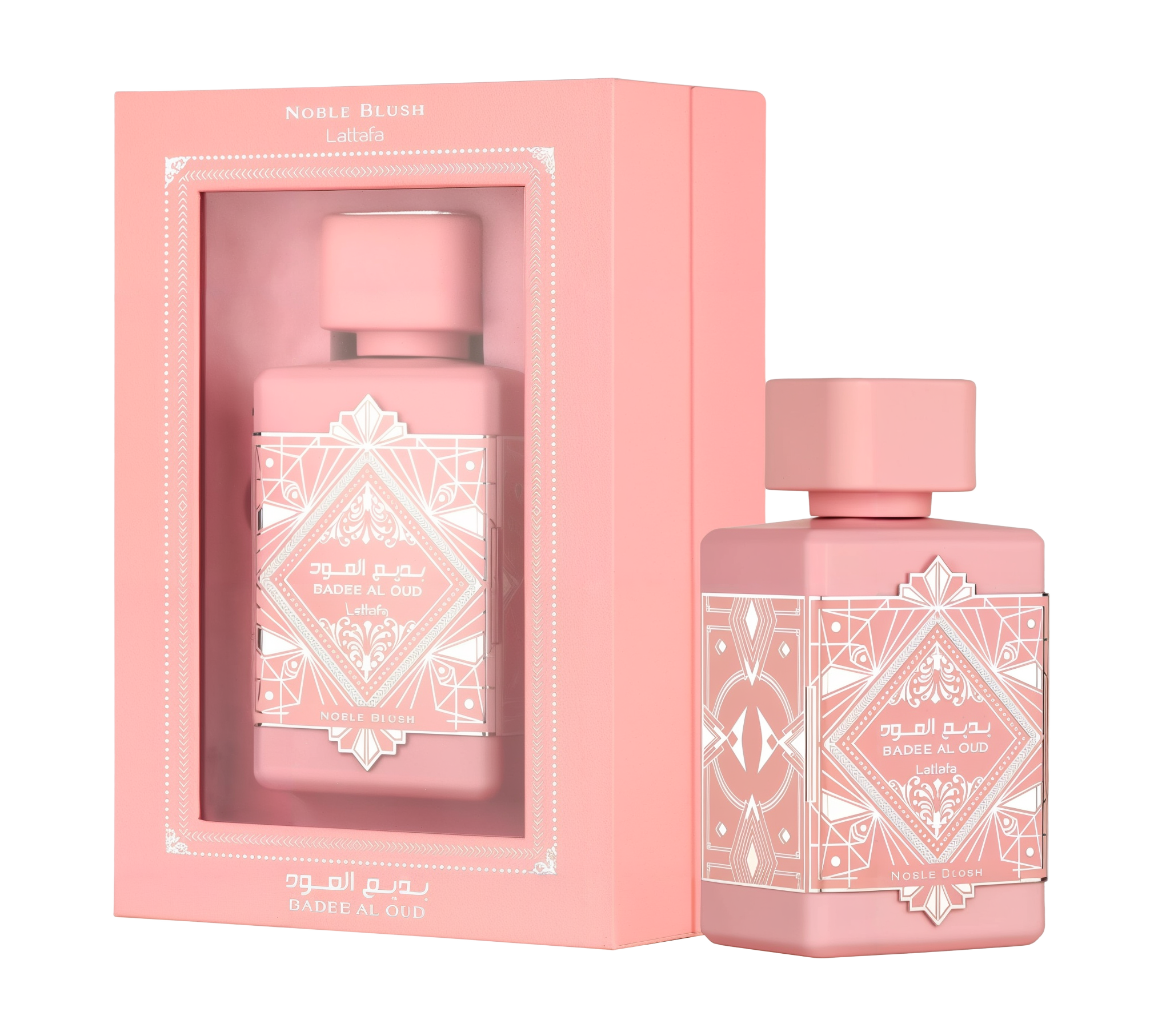 A pink rectangular box with a transparent window, labeled ‘Badee Al Oud Noble Blush’ by Lattafa, displayed next to a matching pink perfume bottle adorned with intricate white geometric patterns and a square cap