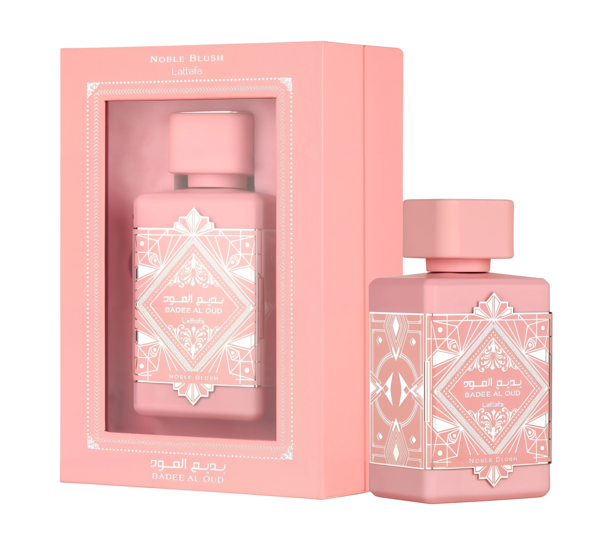 A pink rectangular box with a transparent window, labeled ‘Badee Al Oud Noble Blush’ by Lattafa, displayed next to a matching pink perfume bottle adorned with intricate white geometric patterns and a square cap