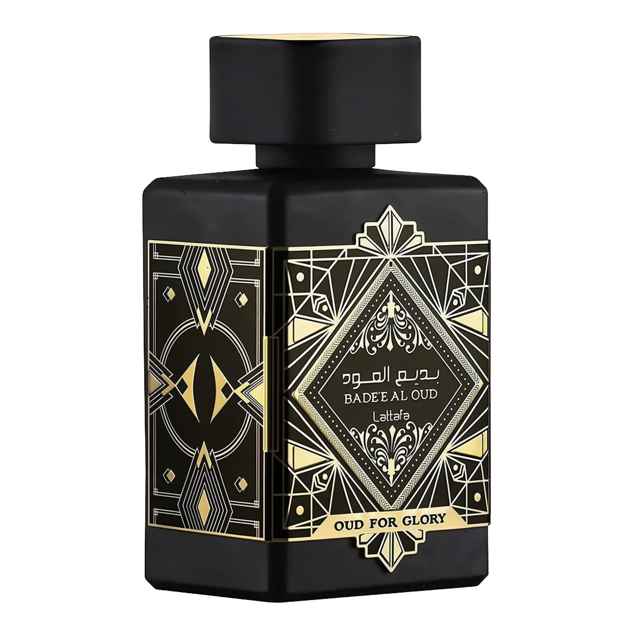  The image displays a black perfume bottle with a matte finish from Lattafa's "Oud for Glory" line, named "Bade'e Al Oud". The bottle features intricate golden designs with a central diamond-shaped label that includes the name in both Arabic and English script, framed by geometric patterns. The design conveys a sense of luxury and traditional Arabic aesthetic, commonly associated with rich and deep oud scents.