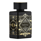  The image displays a black perfume bottle with a matte finish from Lattafa's "Oud for Glory" line, named "Bade'e Al Oud". The bottle features intricate golden designs with a central diamond-shaped label that includes the name in both Arabic and English script, framed by geometric patterns. The design conveys a sense of luxury and traditional Arabic aesthetic, commonly associated with rich and deep oud scents.