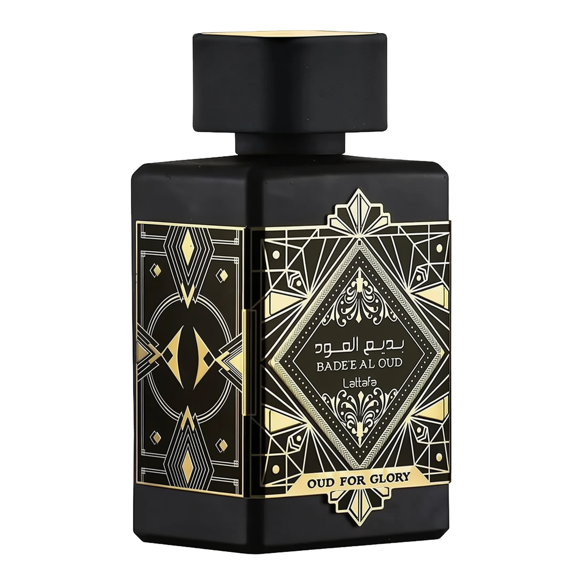  The image displays a black perfume bottle with a matte finish from Lattafa's "Oud for Glory" line, named "Bade'e Al Oud". The bottle features intricate golden designs with a central diamond-shaped label that includes the name in both Arabic and English script, framed by geometric patterns. The design conveys a sense of luxury and traditional Arabic aesthetic, commonly associated with rich and deep oud scents.