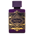 Purple Bade’e Al Oud Amethyst perfume bottle with gold geometric label on white background.