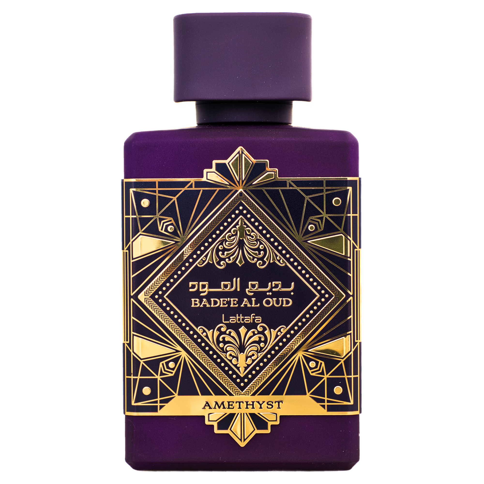 Purple Bade’e Al Oud Amethyst perfume bottle with gold geometric label on white background.