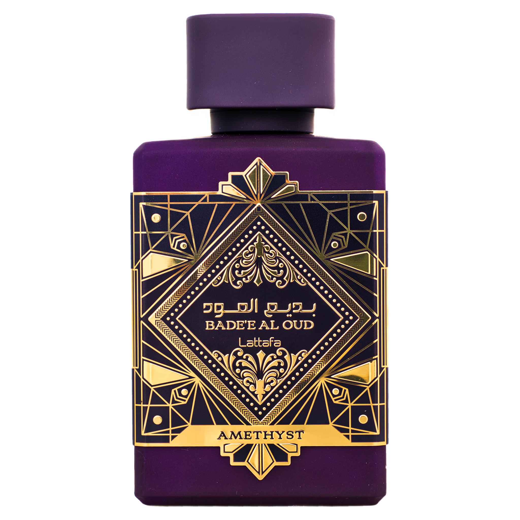 Purple Bade’e Al Oud Amethyst perfume bottle with gold geometric label on white background.