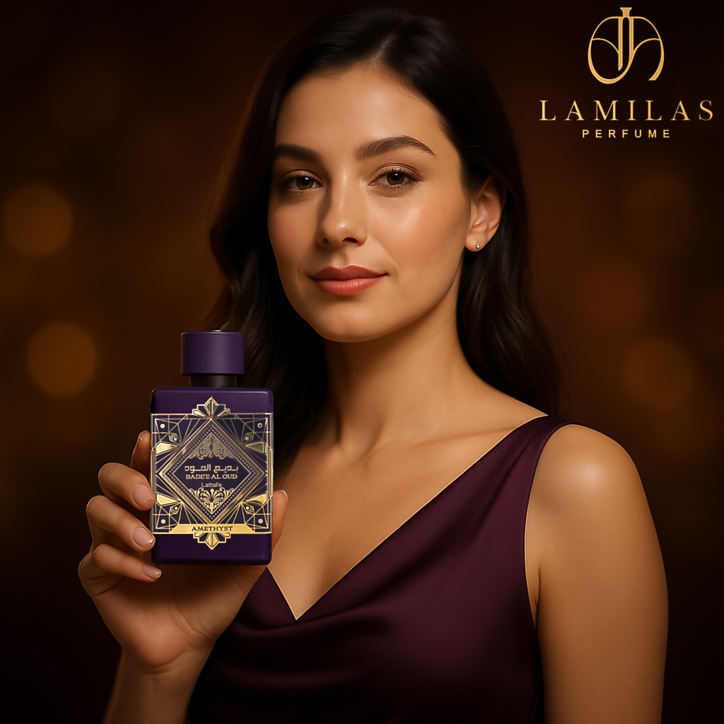 Woman in deep purple dress holding Bade’e Al Oud Amethyst perfume bottle.
