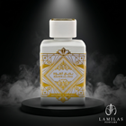 Lattafa Bade'e Al Oud Honor & Glory white perfume bottle featuring a gold Art Deco design, sitting on a black stand in dramatic smoke.