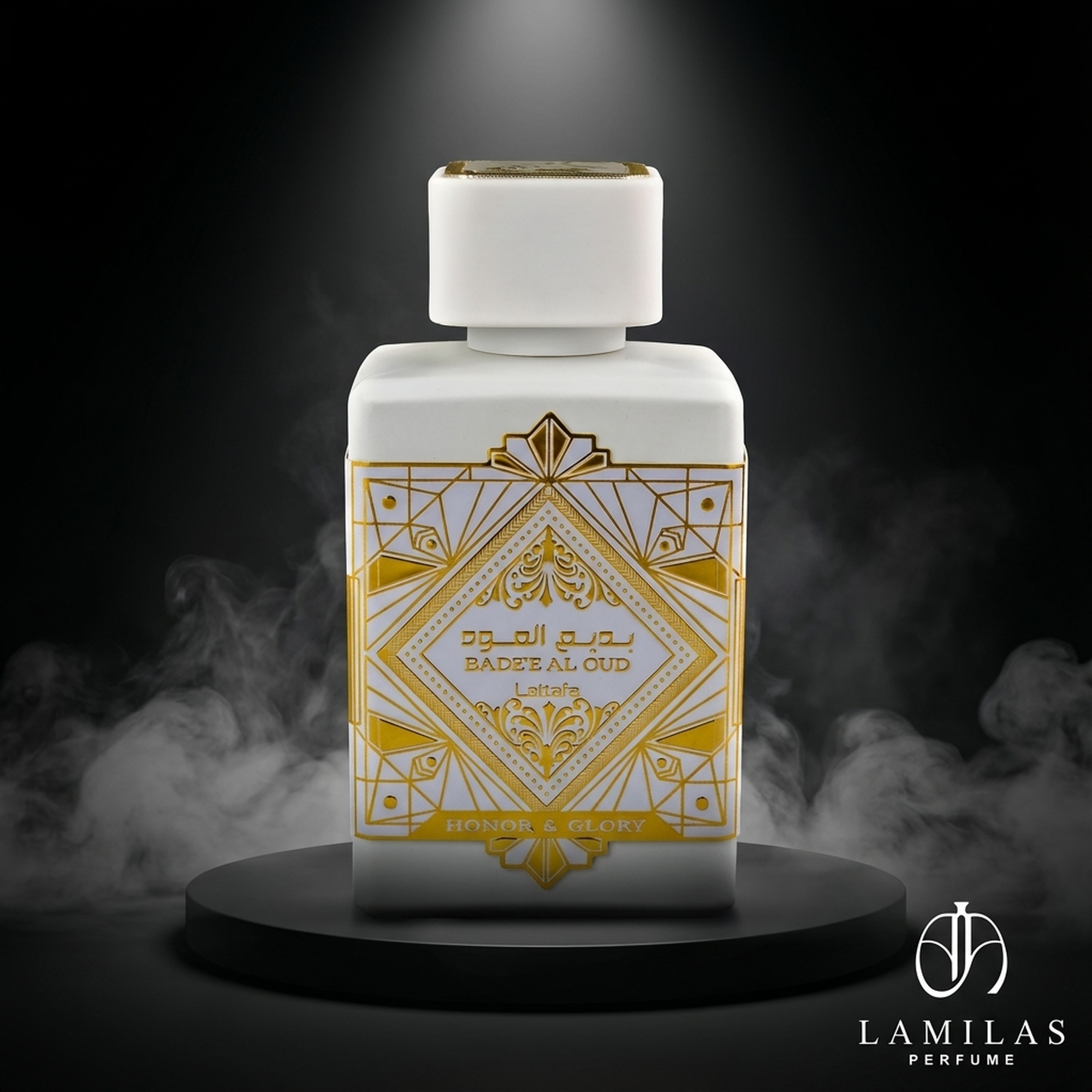 Lattafa Bade'e Al Oud Honor & Glory white perfume bottle featuring a gold Art Deco design, sitting on a black stand in dramatic smoke.