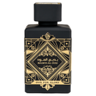 Lattafa Bade'e Al Oud Oud For Glory black perfume bottle featuring a detailed gold Art Deco geometric design.