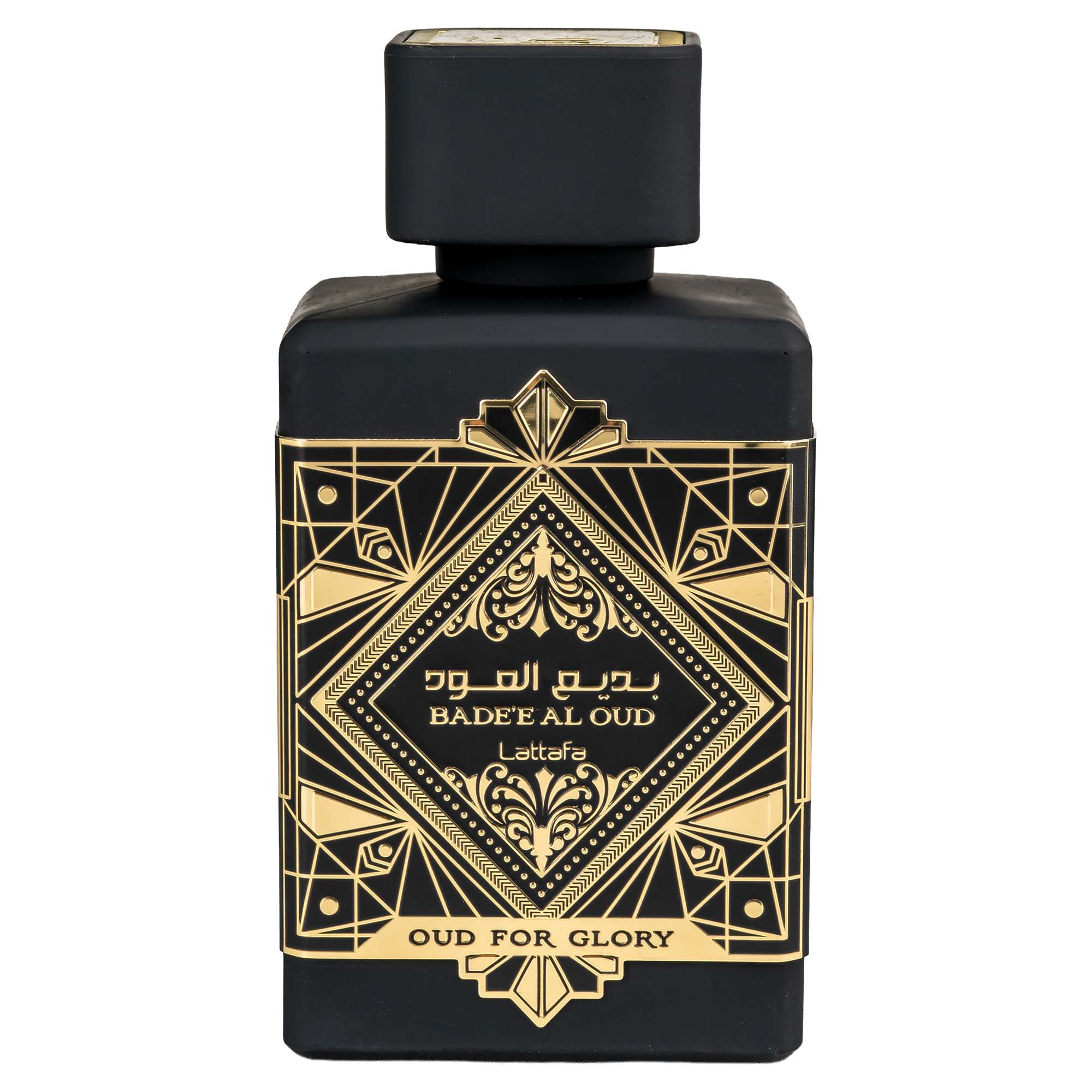 Lattafa Bade'e Al Oud Oud For Glory black perfume bottle featuring a detailed gold Art Deco geometric design.