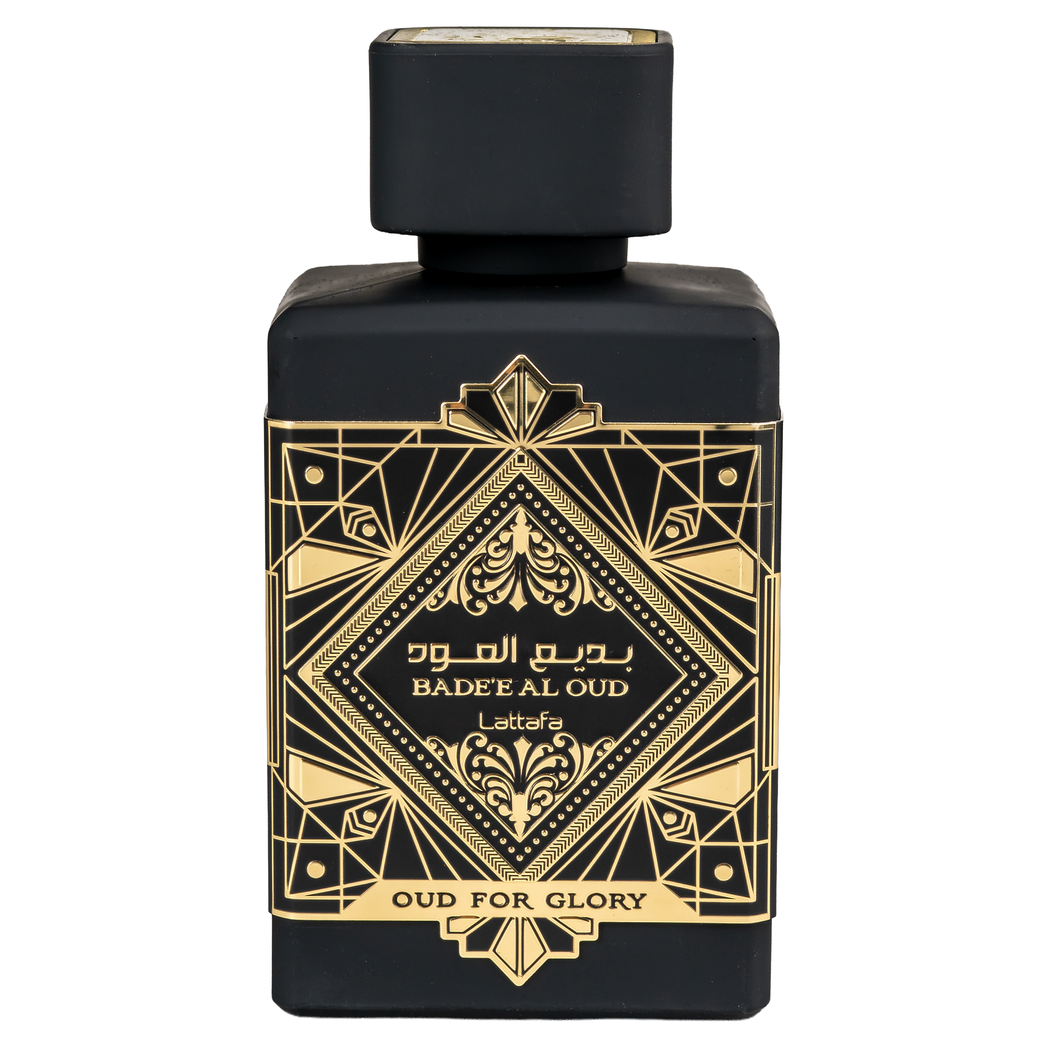 Lattafa Bade'e Al Oud Oud For Glory black perfume bottle featuring a detailed gold Art Deco geometric design.