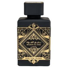 Lattafa Bade'e Al Oud Oud For Glory black perfume bottle featuring a detailed gold Art Deco geometric design.