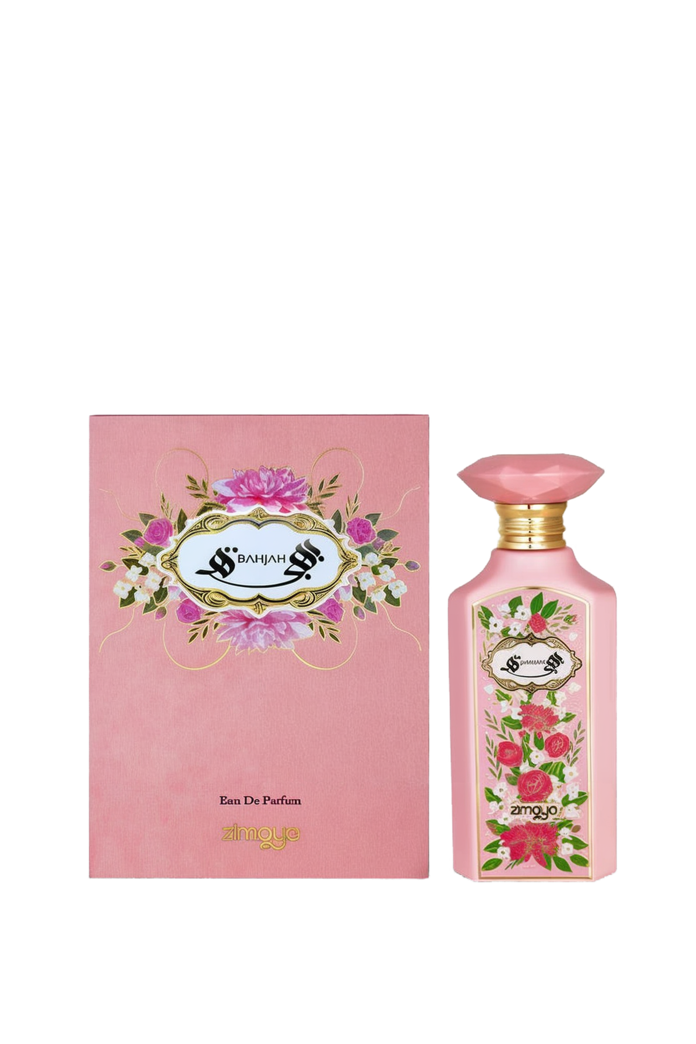 Bahjah Eau de Parfum by Zimaya. The image features a pink perfume bottle and its matching packaging. The bottle has a faceted cap and is adorned with a floral design, showcasing pink and white flowers with green leaves. The label on the bottle features th