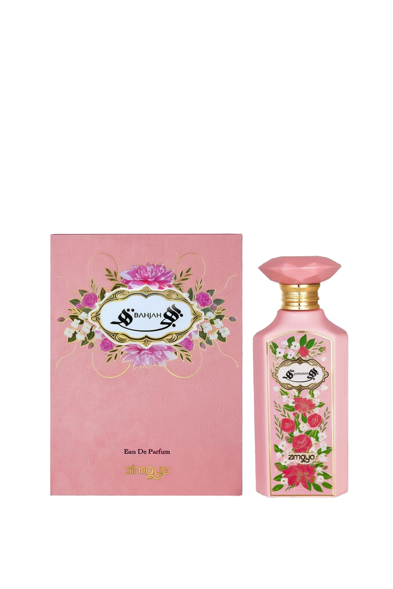 Bahjah Eau de Parfum by Zimaya. The image features a pink perfume bottle and its matching packaging. The bottle has a faceted cap and is adorned with a floral design, showcasing pink and white flowers with green leaves. The label on the bottle features th