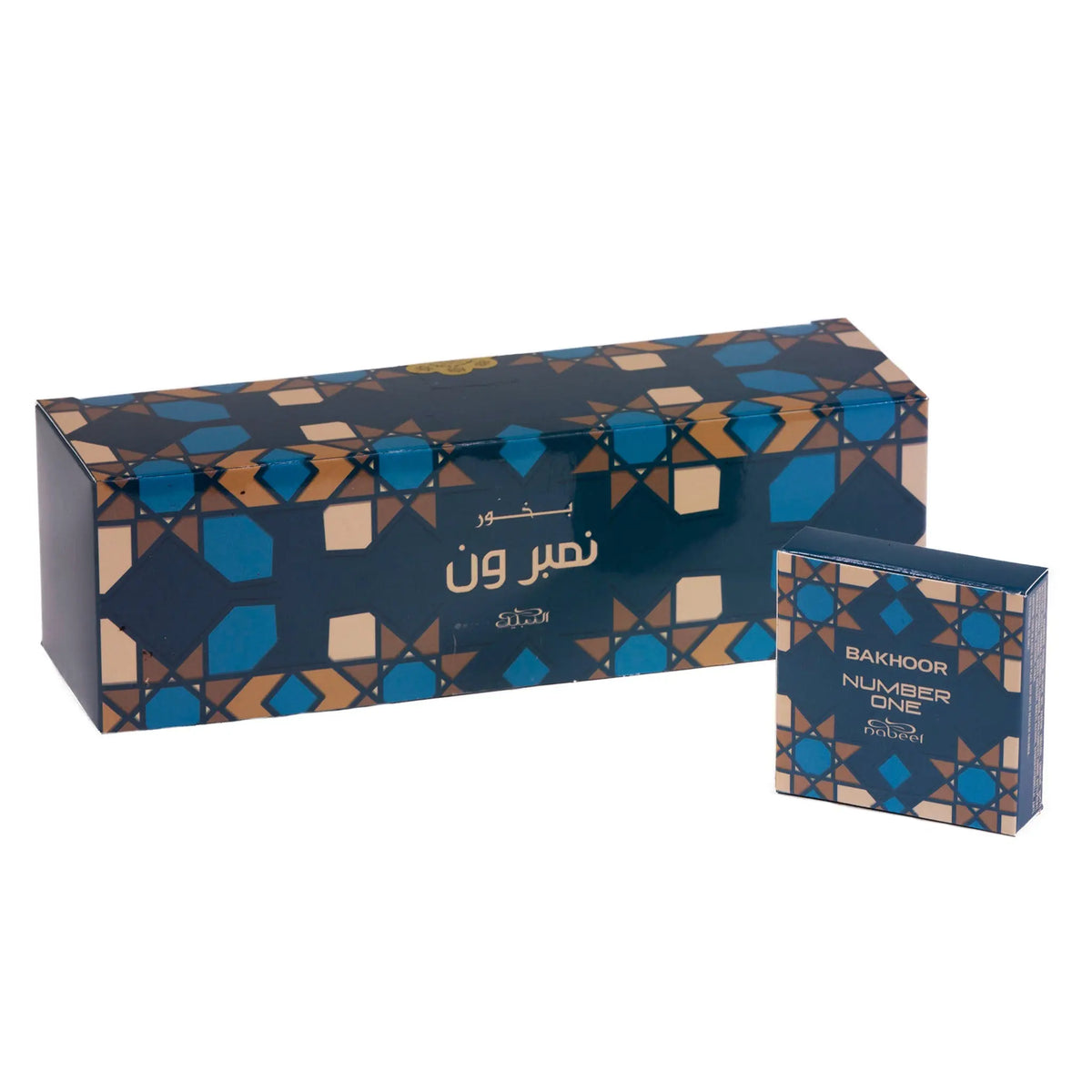 The image features two boxes of "Bakhoor Number One" against a white background. The larger box is rectangular and displays a geometric pattern in shades of blue, gold, and brown with Arabic script and English text. The smaller box shows a similar design and color scheme with the product name in English.