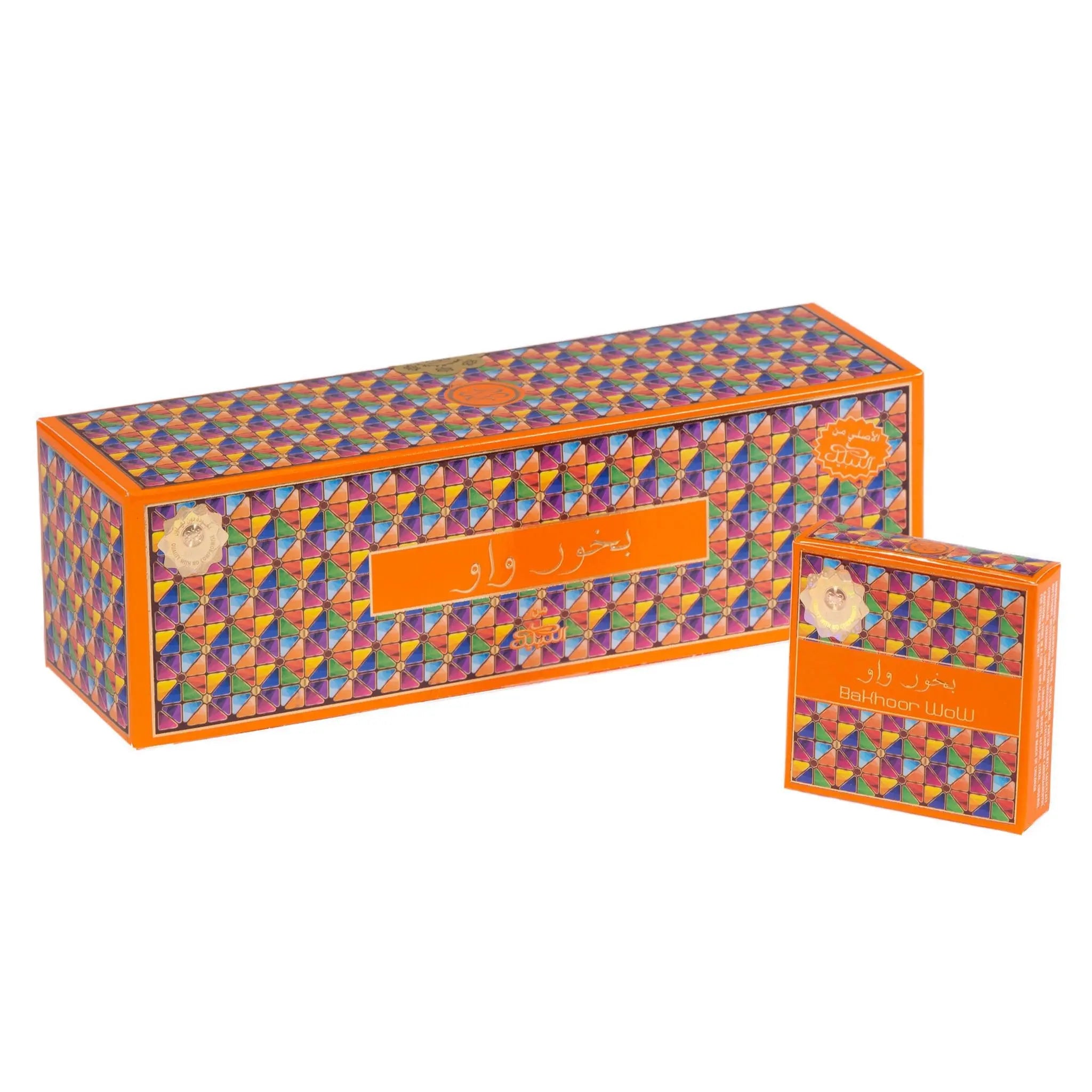The image displays two boxes of fragrance products. The larger box is rectangular and elongated, while the smaller box is square-shaped. Both boxes have a vibrant geometric pattern. On the larger box, there is a central orange rectangle with Arabic script in white and the word "Oud" in smaller text below. The smaller box features the same design and has "Bakhoor Wow" written in English and Arabic script on the lower part of the box.