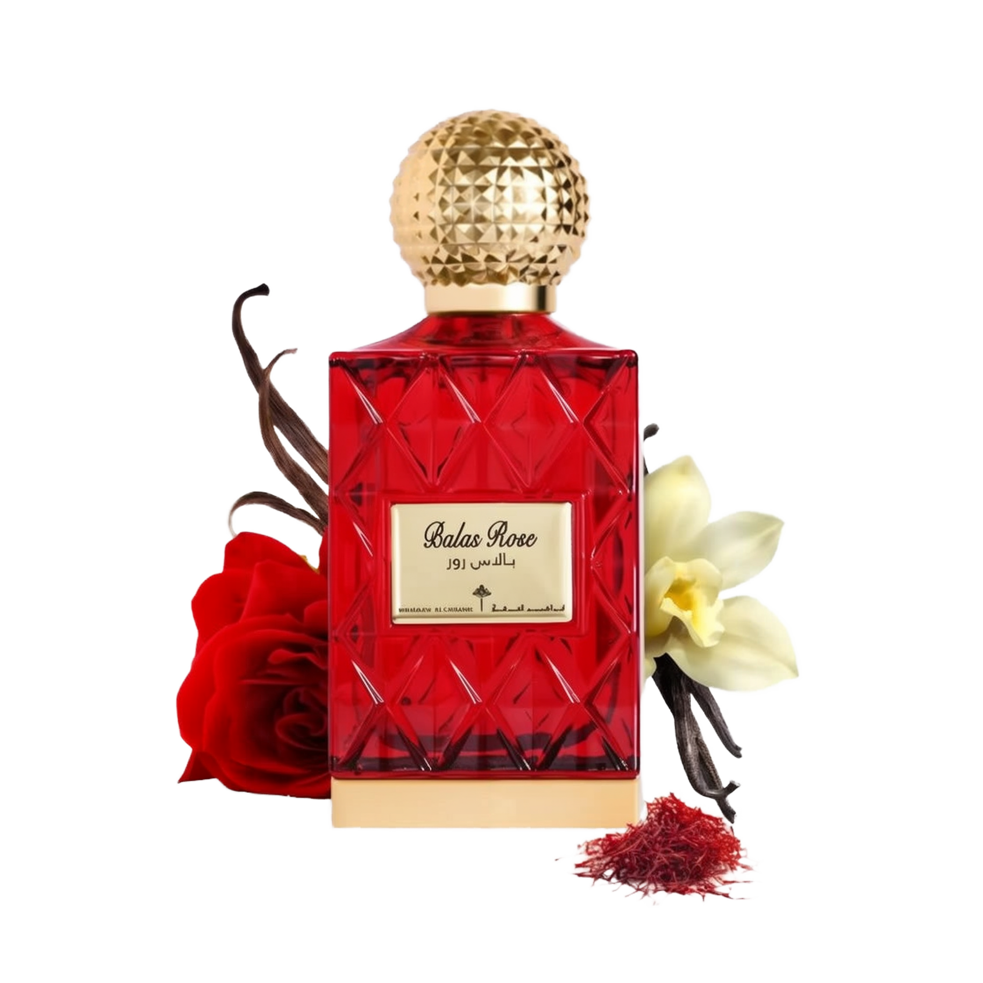 The image depicts a red glass perfume bottle with a golden, textured cap, labeled "Balas Rose" in English with Arabic script above it, suggesting the fragrance's name by the brand Ibraheem Al Qurashi.   In the composition, there's a red rose to the left, suggesting the scent's floral nature, vanilla beans to the left, indicating a warm, sweet note, a white flower (possibly vanilla or orchid) to the right, and a small pile of red saffron threads in the front right, hinting at the luxurious ingredients.