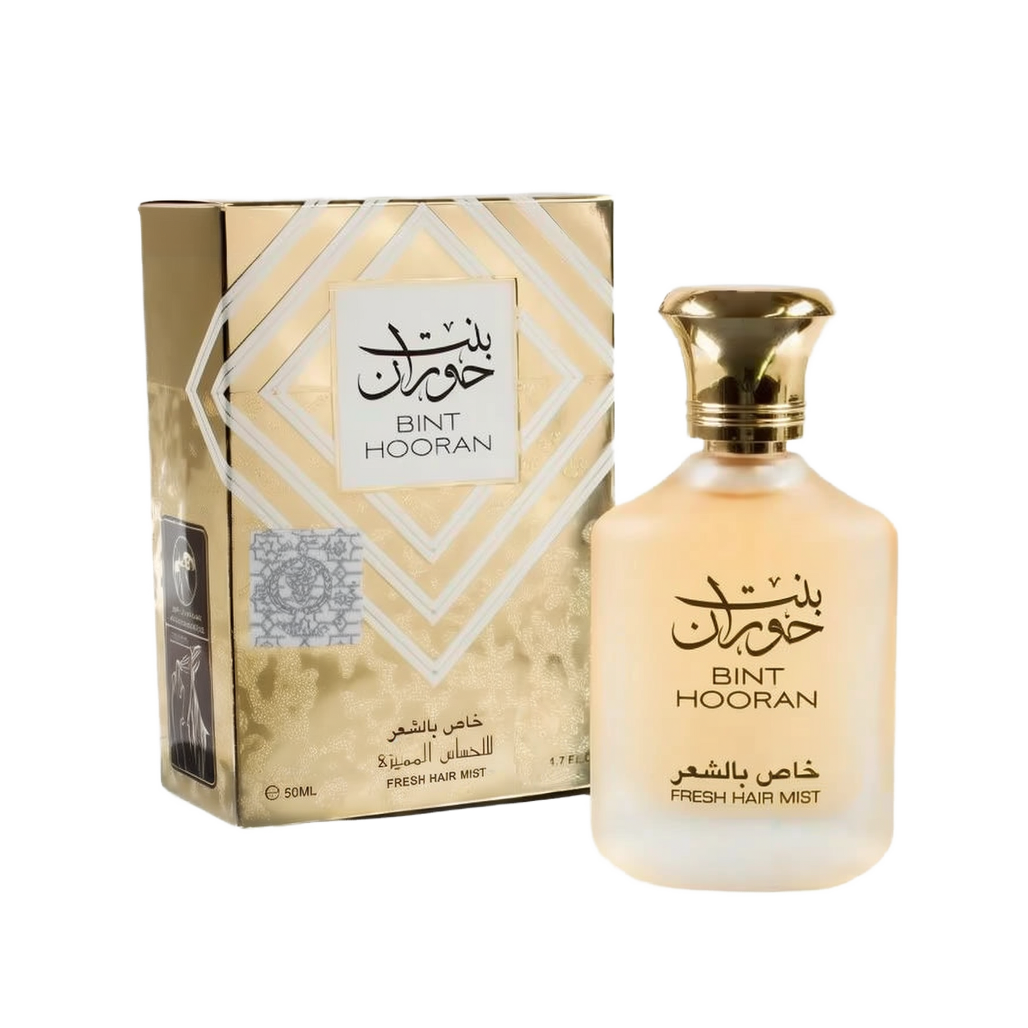 The image shows a fragrance product consisting of a bottle and its corresponding box. It features the label "BINT HOORAN" in both English and Arabic calligraphy. Below the name, the text "FRESH HAIR MIST." The box has a gold metallic finish with geometric white and gold patterns framing a white label with the name "BINT HOORAN." Additional details on the box label include "FRESH HAIR MIST" and the volume "50ML / 1.7 FL.OZ."