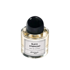 The image shows a bottle of "Black Symphony" eau de parfum by Zimaya. The perfume bottle is clear glass, filled with a pale yellow liquid. It has a sleek, modern design with a black cap and a simple white label. The label features black text that reads "BLACK SYMPHONY eau de parfum" and the brand name "zimaya" at the bottom. The overall design is minimalist and elegant, conveying a sense of sophistication and luxury.