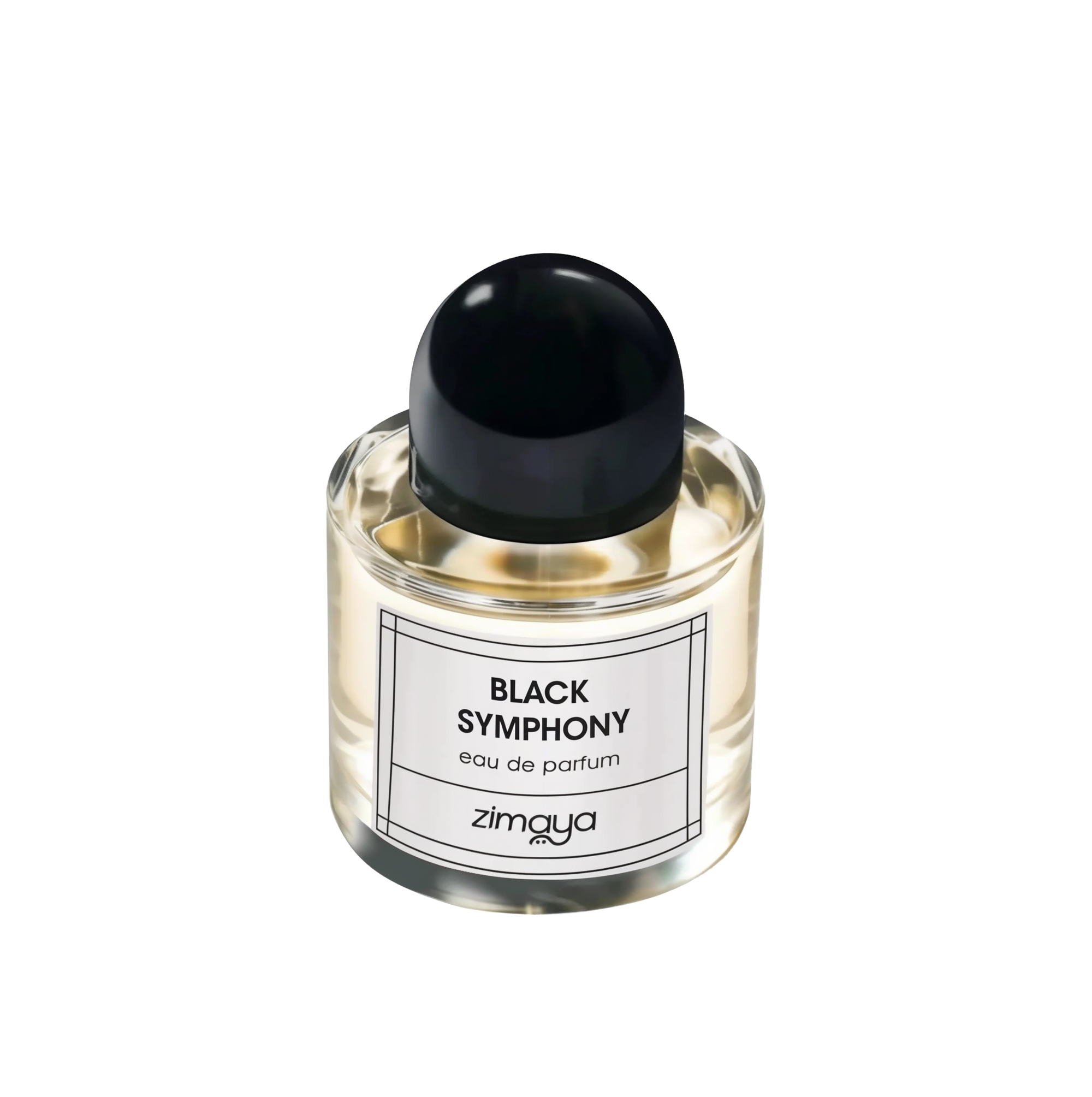 The image shows a bottle of "Black Symphony" eau de parfum by Zimaya. The perfume bottle is clear glass, filled with a pale yellow liquid. It has a sleek, modern design with a black cap and a simple white label. The label features black text that reads "BLACK SYMPHONY eau de parfum" and the brand name "zimaya" at the bottom. The overall design is minimalist and elegant, conveying a sense of sophistication and luxury.