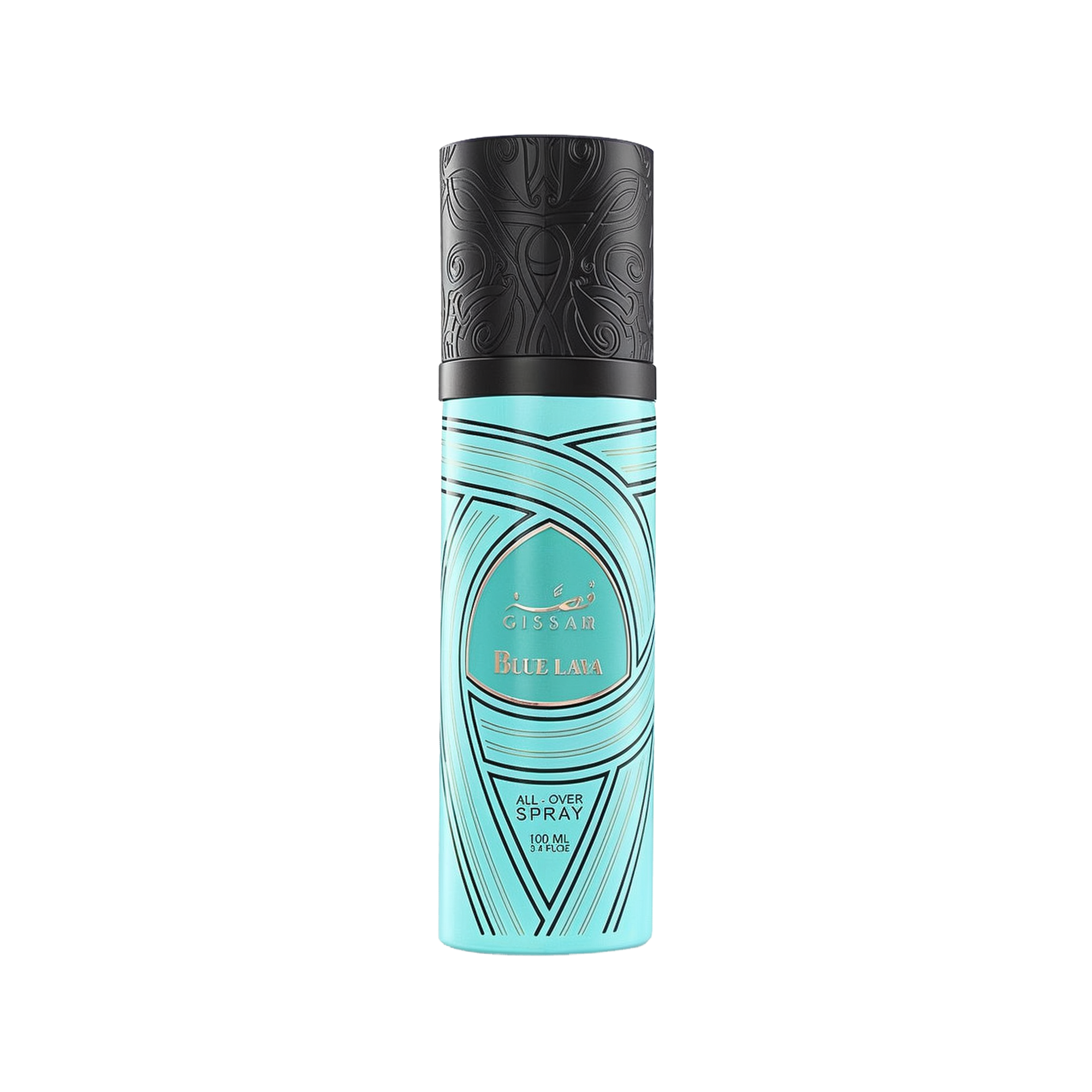 A cylindrical turquoise bottle of Gissah Blue Lava all-over spray with a capacity of 100 mL (3.4 FL OZ). The bottle features intricate black patterns and a black cap with matching detailed designs. The Gissah brand name and "Blue Lava" are prominently displayed in gold lettering on the front, along with the product description.