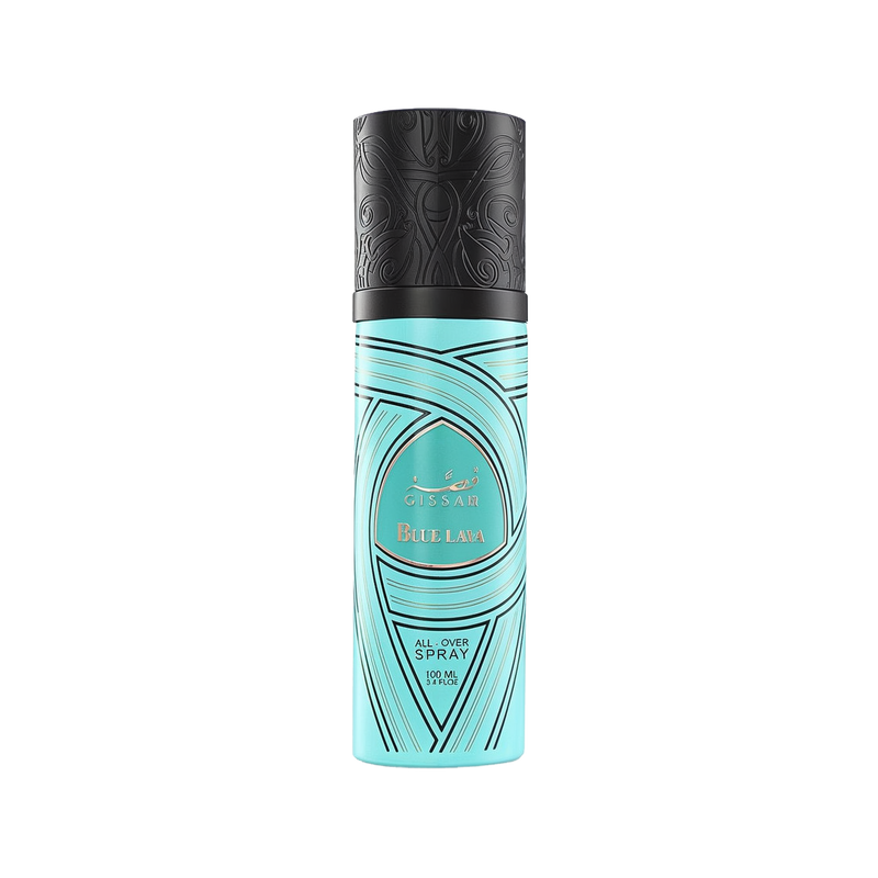 A cylindrical turquoise bottle of Gissah Blue Lava all-over spray with a capacity of 100 mL (3.4 FL OZ). The bottle features intricate black patterns and a black cap with matching detailed designs. The Gissah brand name and "Blue Lava" are prominently displayed in gold lettering on the front, along with the product description.