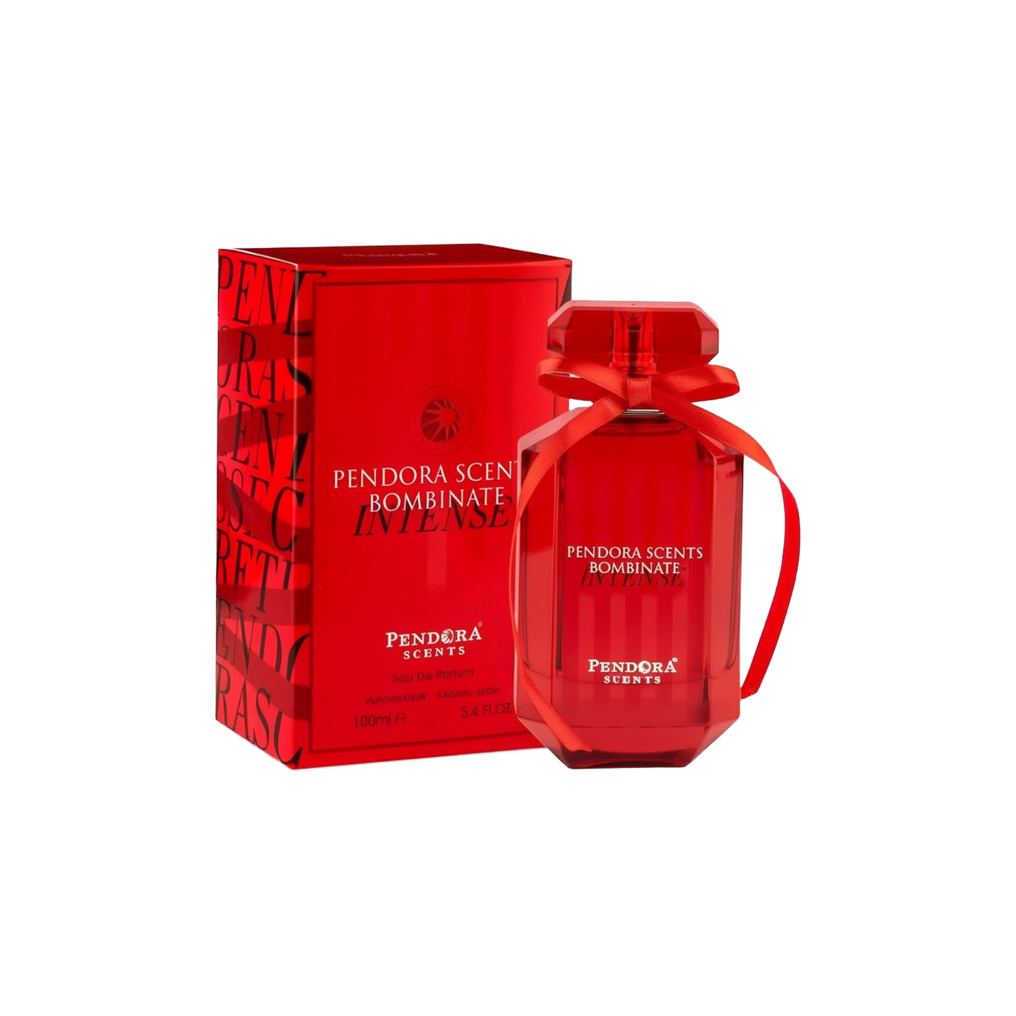 A vibrant, ruby-red faceted glass bottle of Bombinate Intense by Pandora Scents, wrapped with a matching red ribbon, displayed beside its coordinating glossy red box adorned with bold black lettering and brand details.