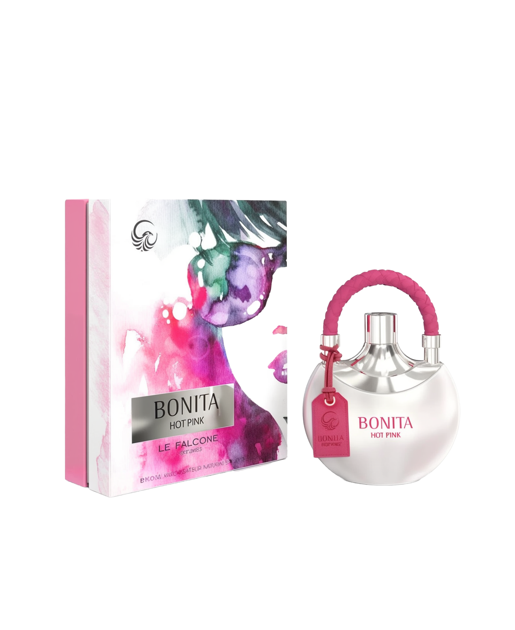 A silver, spherical perfume bottle labeled “Bonita Hot Pink” with a bright pink handle and matching hangtag sits next to a rectangular box featuring pink, purple, and green watercolor artwork, along with the brand name “Le Falcone Perfumes.