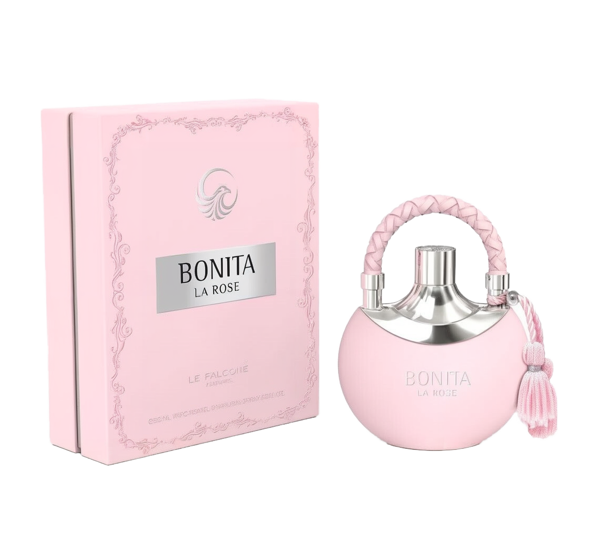A pale pink, round perfume bottle labeled “Bonita La Rose,” featuring a silver top, braided pink handle, and matching pink tassel, is placed beside a rectangular pink box adorned with subtle scrollwork and a silver logo reading “Bonita La Rose” from “Le Falcone Perfumes.