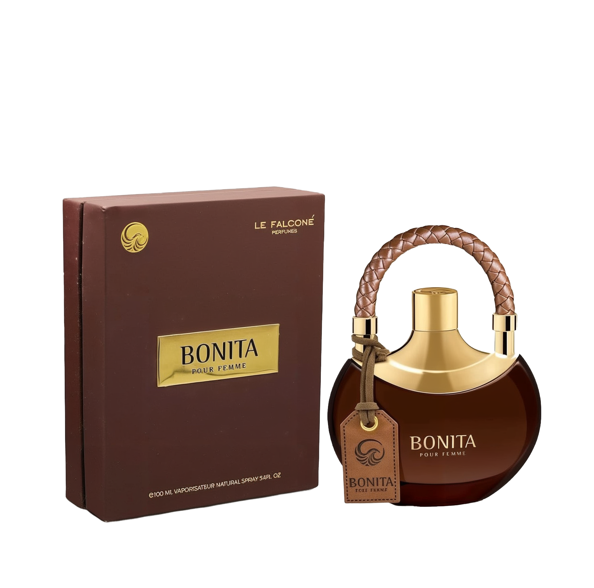 A round, deep-brown glass perfume bottle labeled “Bonita Pour Femme” with a golden top and braided brown handle, featuring a matching brown hangtag, sits beside a chocolate-brown rectangular box adorned with a gold label reading “Bonita Pour Femme” by Le Falcone Perfumes.