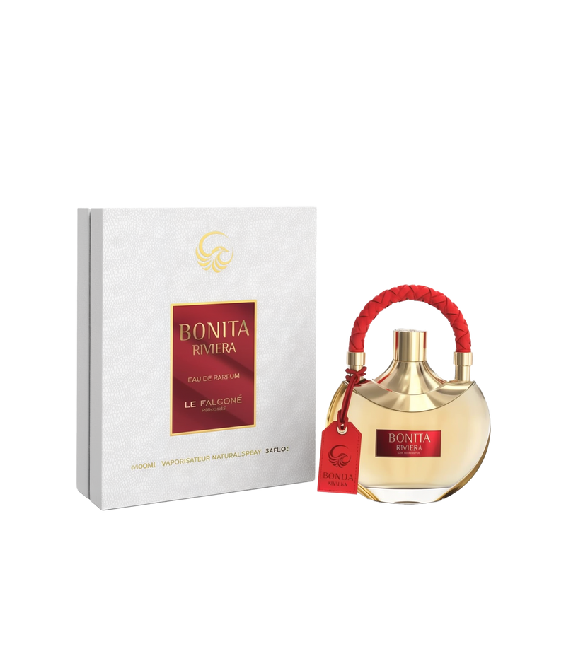 Bonita Riviera Eau de Parfum by Le Falcone, a luxurious perfume bottle with a gold finish and a red braided handle, accompanied by an elegant white and gold packaging box. The bottle features a red label with gold lettering and a matching red tag.