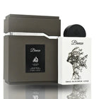 The image features the "Breeze" perfume by Lattafa, presented with its box. The perfume box is dark gray with a lighter gray lid, and it has a sleek black label with "Breeze" in white lettering and the Lattafa logo in white above it.  On the right side of