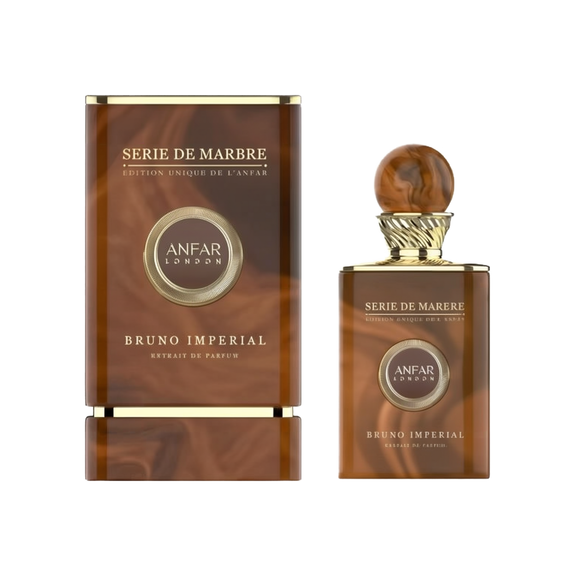A rectangular, marble-patterned brown perfume bottle with gold accents and a matching round cap, shown next to a similarly styled box labeled “Serie de Marbre Bruno Imperial Extrait de Parfum” by Anfar London.