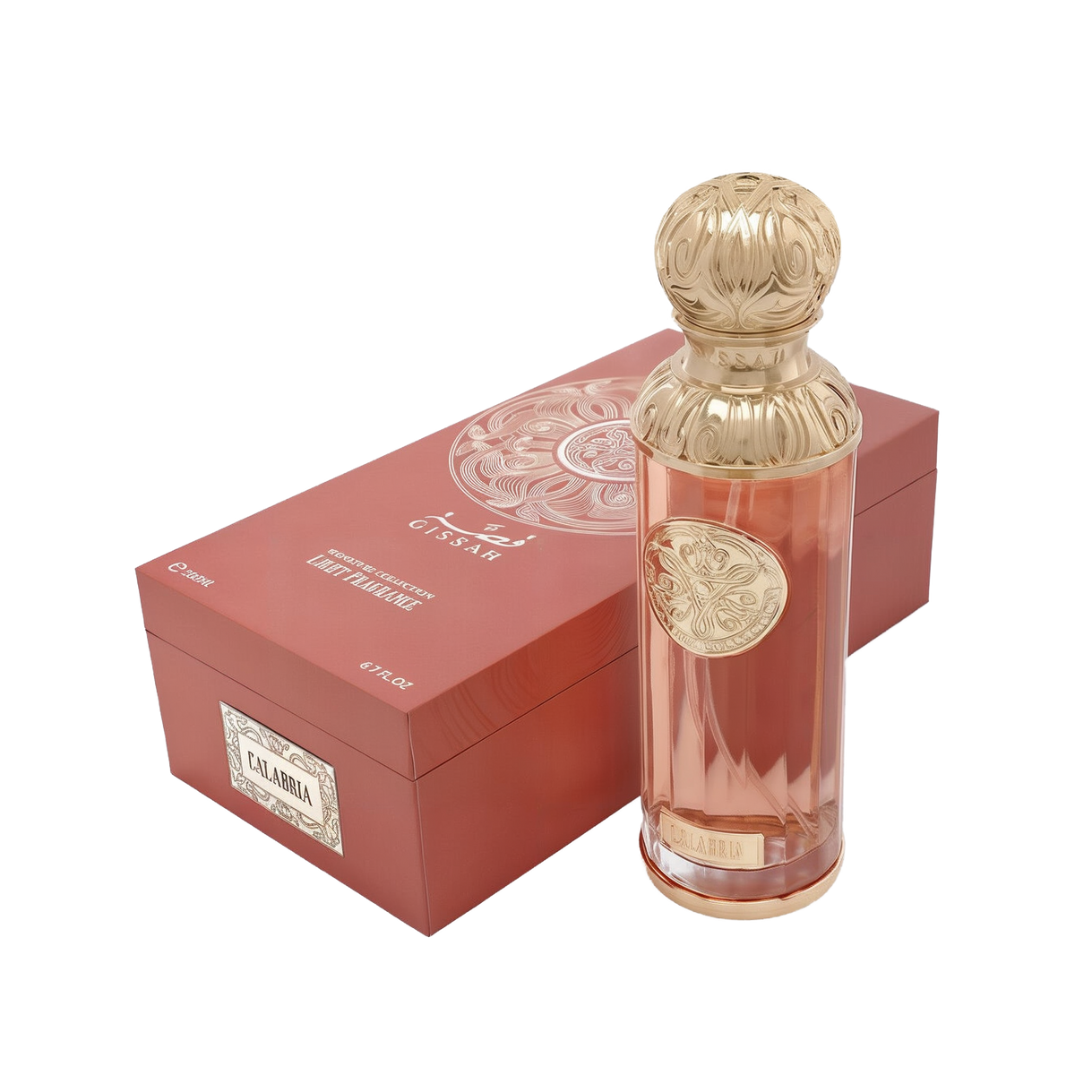 The image shows a perfume bottle named "Calabria" from the Gissah Signature Collection. The bottle is tall and cylindrical with a clear glass body that has a slight rose tint, and it is adorned with a gold ornate medallion that features intricate designs. The cap is a luxurious gold color with a decorative embossed pattern. Beside the bottle is the packaging, a box in a matching rose tint with a gold mandala design and the names "Gissah" and "Calabria" printed on it.