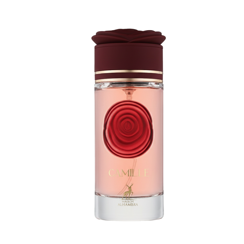 Elegant perfume bottle of Maison Alhambra Camille with rose-shaped detail and pink fragrance liquid.