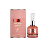 The image shows a product called "Candid Tonight" by Maison Alhambra. The product consists of a pink bottle of Eau de Parfum and its corresponding cylindrical box. The box is pink with the brand name "Candid" in red and "Tonight" in gold lettering, along with "Eau De Parfum" in gold.