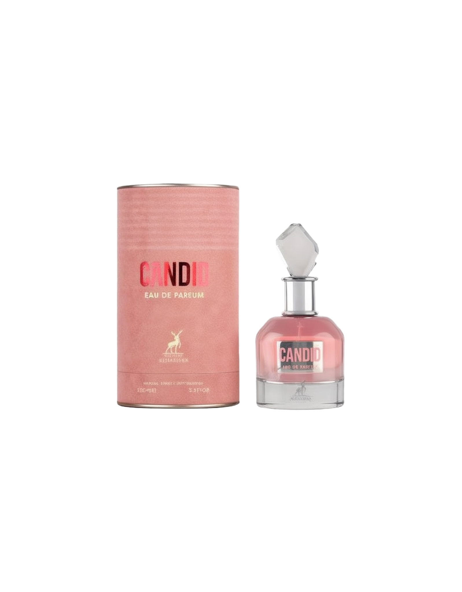 Maison Alhambra Candid Eau De Parfum 100ml bottle with matching pink cylindrical packaging. The perfume bottle has a clear, faceted cap and contains a pink-hued fragrance.