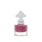  The image features a perfume bottle with a clear base and a purple-colored liquid. It has a white cap with the word "CANDY" printed on it in purple, matching the liquid's color. The cap is topped with a white ornate design that resembles an intricate architectural pattern, possibly inspired by Middle Eastern art.