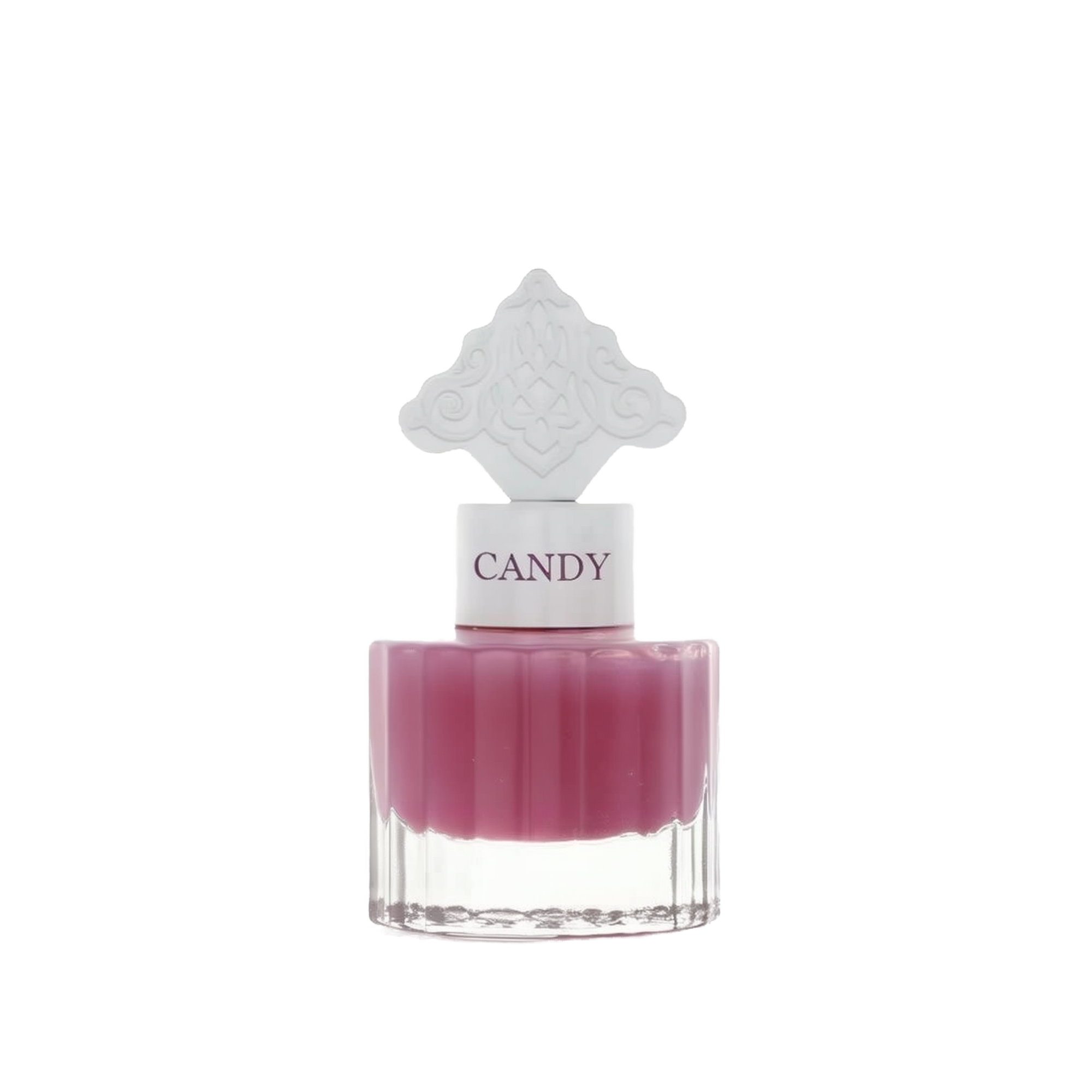  The image features a perfume bottle with a clear base and a purple-colored liquid. It has a white cap with the word "CANDY" printed on it in purple, matching the liquid's color. The cap is topped with a white ornate design that resembles an intricate architectural pattern, possibly inspired by Middle Eastern art.
