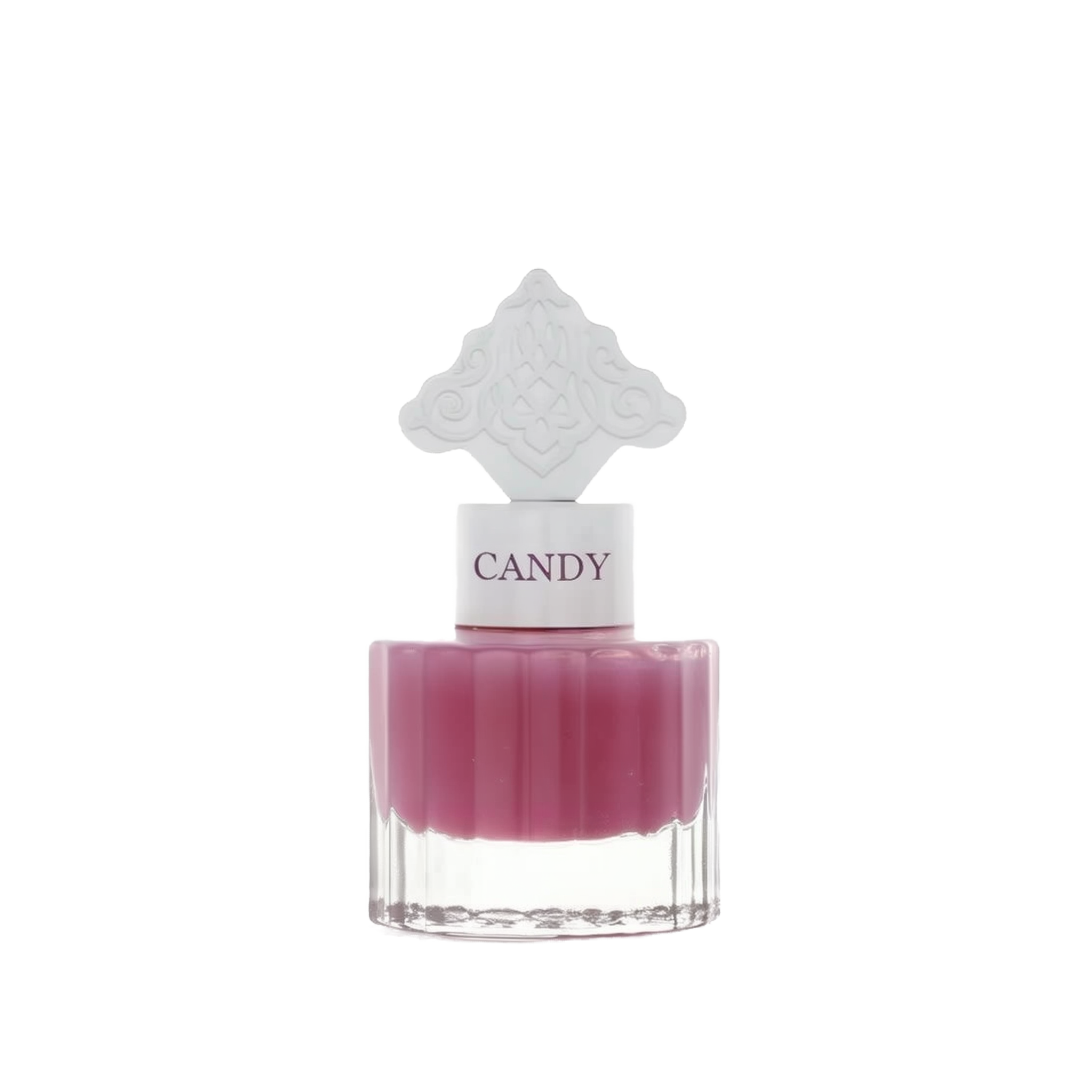  The image features a perfume bottle with a clear base and a purple-colored liquid. It has a white cap with the word "CANDY" printed on it in purple, matching the liquid's color. The cap is topped with a white ornate design that resembles an intricate architectural pattern, possibly inspired by Middle Eastern art.
