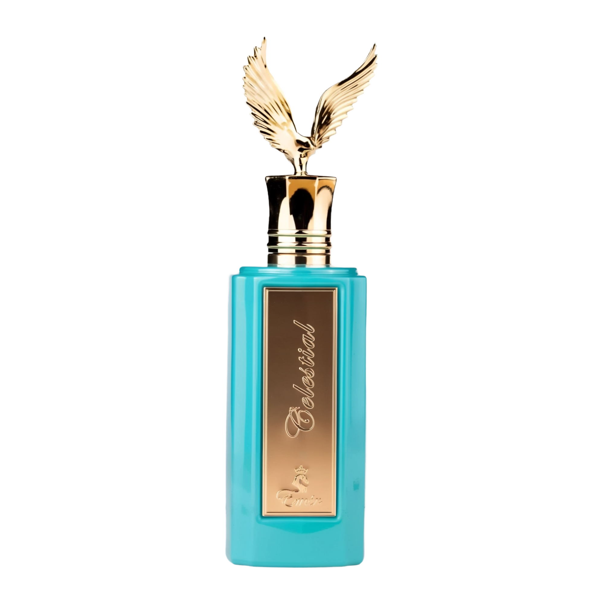 A striking perfume bottle labeled "Celestial" by Emir, a Paris Corner product. The bottle is a vibrant turquoise color with a sleek rectangular shape. A gold plaque is prominently displayed on the front, with the fragrance name "Celestial" written in eleg