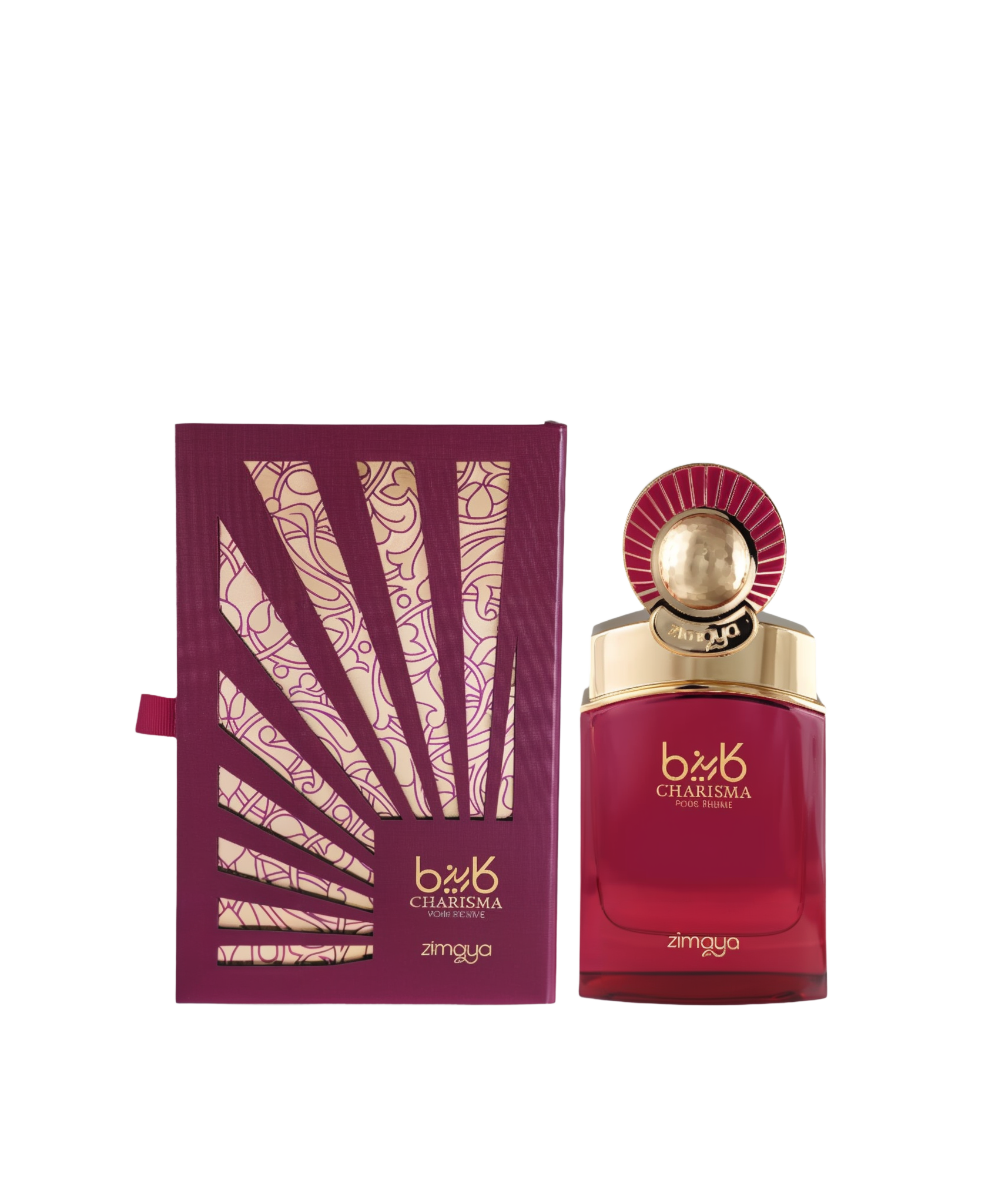 A 100ml bottle of Charisma Pour Femme Eau De Parfum by Zimaya, elegantly presented in a deep maroon rectangular bottle with gold accents and a striking, round gold and red fan-inspired cap. The matching maroon box features intricate golden line art and bold cut-out patterns, emphasizing a luxurious and artistic design, with the product name "Charisma Pour Femme" and brand "Zimaya" displayed in gold.