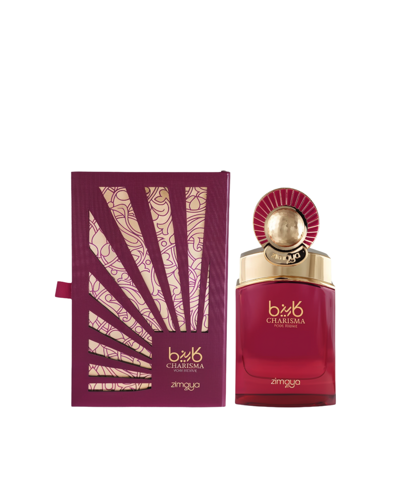 A 100ml bottle of Charisma Pour Femme Eau De Parfum by Zimaya, elegantly presented in a deep maroon rectangular bottle with gold accents and a striking, round gold and red fan-inspired cap. The matching maroon box features intricate golden line art and bold cut-out patterns, emphasizing a luxurious and artistic design, with the product name "Charisma Pour Femme" and brand "Zimaya" displayed in gold.