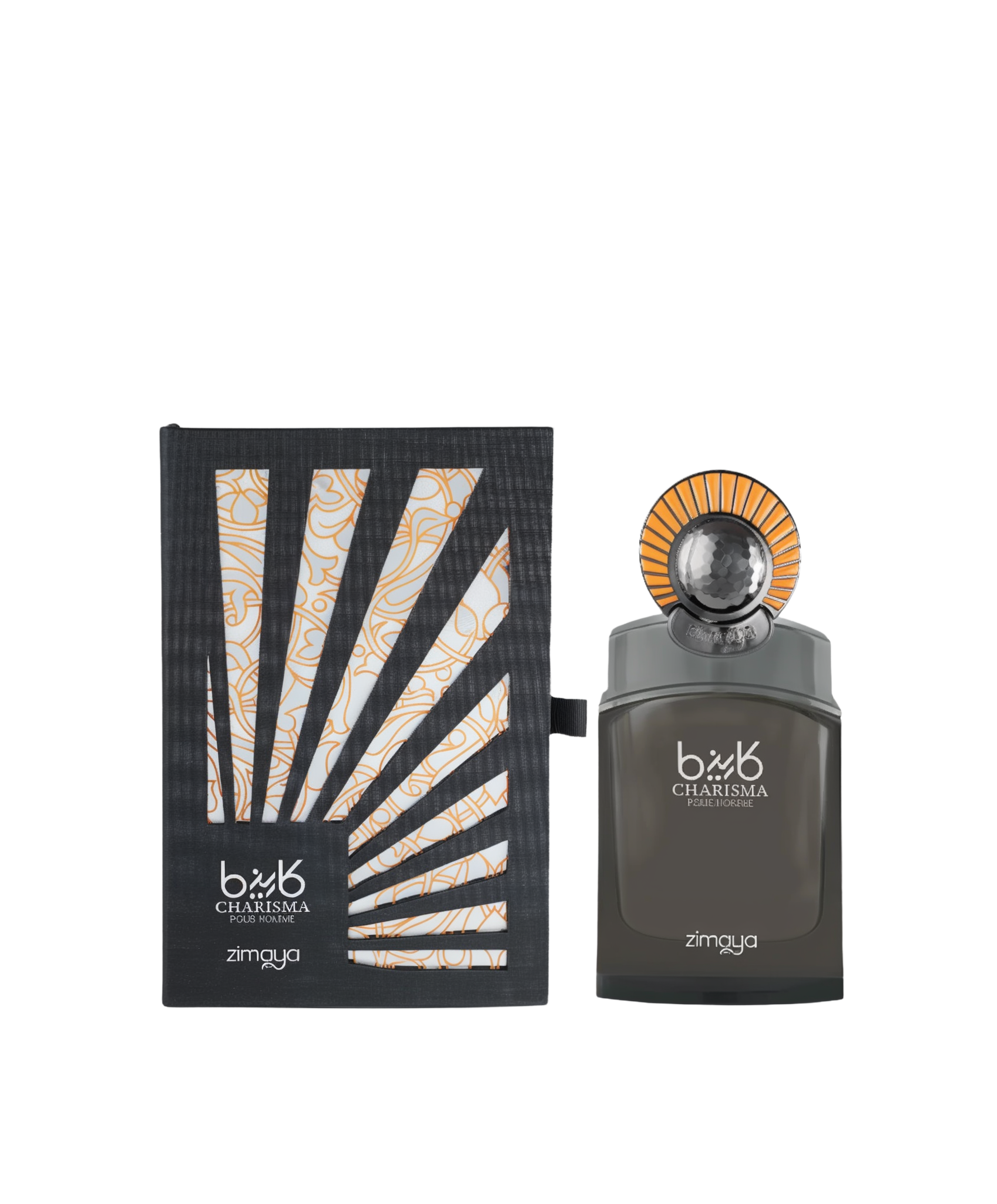 A 100ml bottle of Charisma Pour Homme Eau De Parfum by Zimaya, featuring a sleek dark grey design with a bold round cap accented in metallic silver and orange detailing. The packaging includes a stylish black box with geometric cut-outs revealing an intricate golden pattern underneath, adding a modern and luxurious touch.