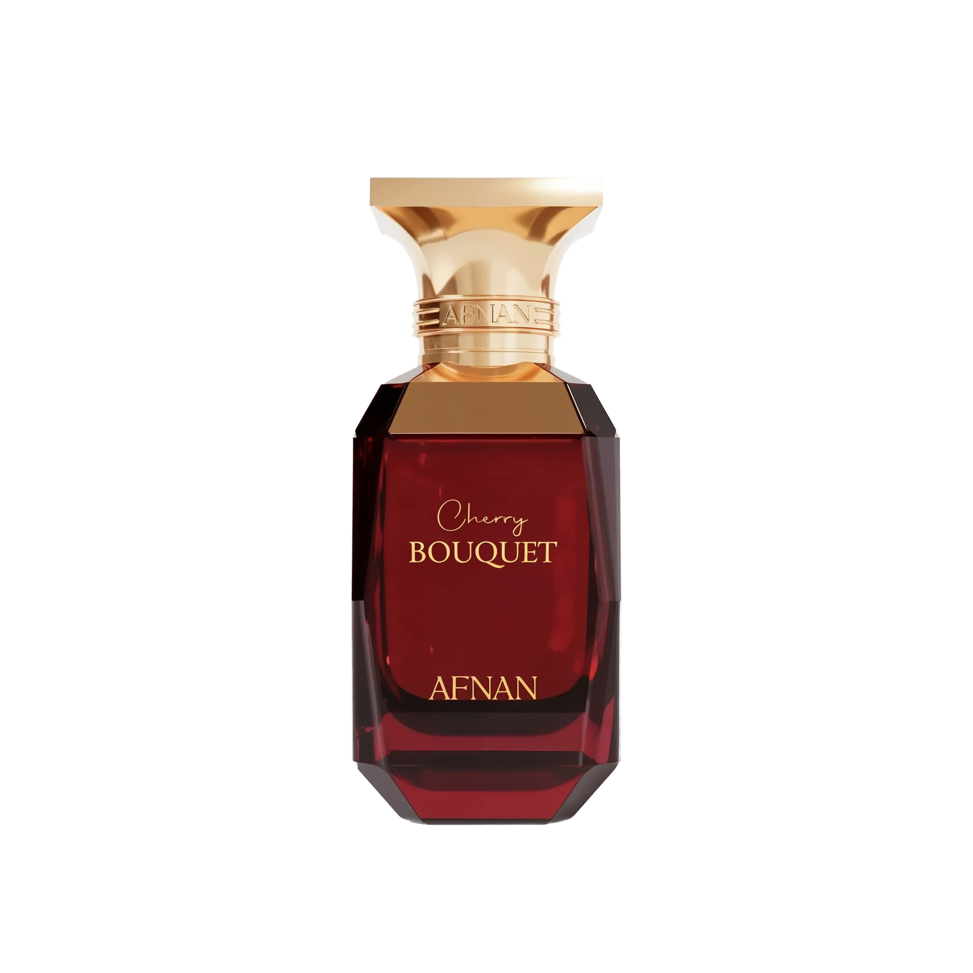 The image shows a perfume bottle named "Cherry Bouquet" by Afnan. The bottle is designed with a dark red, gem-like, faceted body and a gold-toned cap. The text "Cherry Bouquet" is written in elegant script, and the brand name "Afnan" is displayed in capital letters near the bottom of the bottle.