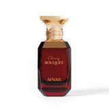 The image shows a perfume bottle named "Cherry Bouquet" by Afnan. The bottle is designed with a dark red, gem-like, faceted body and a gold-toned cap. The text "Cherry Bouquet" is written in elegant script, and the brand name "Afnan" is displayed in capital letters near the bottom of the bottle.