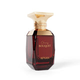 The image shows a perfume bottle named "Cherry Bouquet" by Afnan, viewed from a slight angle. The bottle has a dark red, faceted design resembling a gemstone, with a luxurious gold-toned cap. The text "Cherry Bouquet" is written in elegant script on the front of the bottle, and the brand name "Afnan" is displayed in capital letters near the bottom.