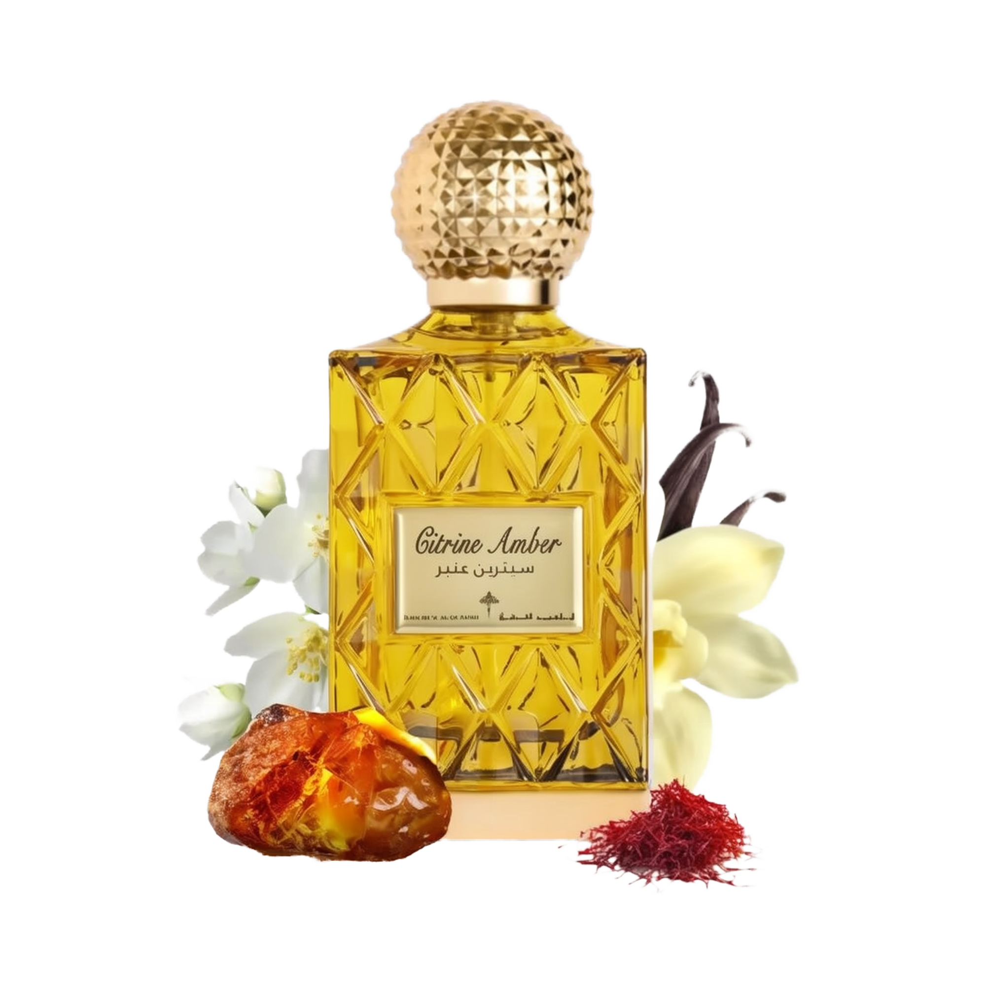 The image depicts a perfume bottle with a golden yellow liquid, named "Citrine Amber." The bottle has a textured gold cap and a label with the name in both English and Arabic script. Surrounding the bottle are a piece of amber resin, a few saffron threads to the right, vanilla pods to the upper right, and white flowers to the left, likely to represent some of the scent notes in the fragrance.