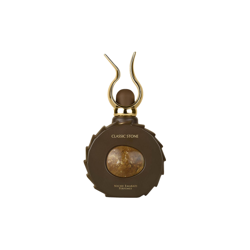 Classic Stone by Niche Emarati Perfumes in a unique round brown bottle with a golden marble center and sculpted gold cap.