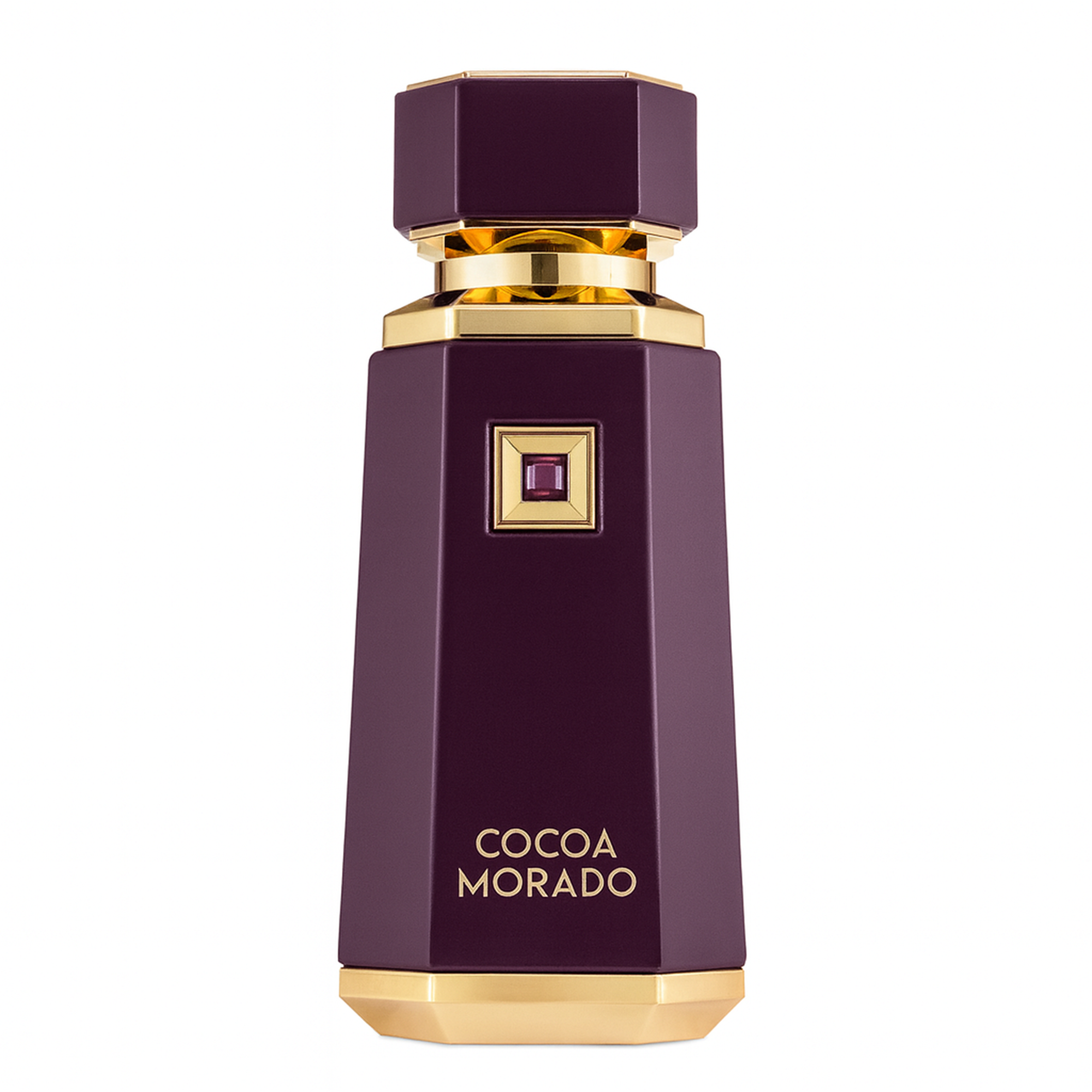 Elegant perfume bottle labeled 'Cocoa Morado,' featuring a deep purple, faceted design with gold accents.